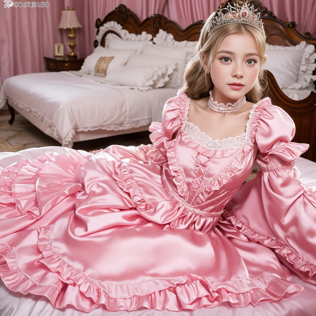 ,highest quality, masterpiece, highest resolution, artwork, super それにget used to it, many get used to it, get used to it, それにget used to it, 3K realistic photos,,(( girl)),Super detailed baby face,Srincess,Full length ball gown dress with hoop skirt,ruffle yoke collar,puff sleeves,long sleeve,((Lolita style hot pink detailed princess satin dress、Comes with lots of frills and ribbons。)),colorful rococo fashion,shiny satin dress,Soft and smooth fabric,luxury,long blonde hair,blue eyes,white skin european,pajamas,((inside the palace)),,,(( When I was 10 years old)),Sby face,Full length ball gown dresop skirt,long skirt,ruffle yoke collar,puff sleeves,腰まで伸びるlong blonde hair,blue eyes,white skin european,pajamas,((inside the palace bedroom)),ピンクのシルクサテンのluxuryなcanopy bedの上,canopy bed,Luxurious curtains on both sides of the bed,many frilly pillows on the bed,super detailed background,Detailed bed,romantic atmosphere,little princess is lying on the bed,hug a pink pillow,((((Both legs are hidden in the dress)))),the dress is spread out on the bed,soft pink silk satin comforter,soft silk satin ruffled pillow,Beautiful girl illustration,detailed beautiful face detailed hair,detailed human eye ,detailed mouth, arm details,fine hands,Detailed pillow,