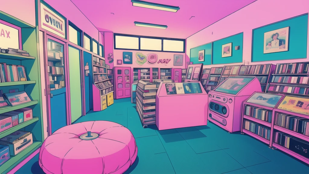 Inside a retro record store, The store name is Latin Music, The pastel colors of blue and pink create a nostalgic atmosphere.. Vintage VHS-style distortion gives your scenes a lo-fi appeal. The air is filled with the rich sounds of vinyl records playing classic tunes.. Customers browse the shelves, Discover hidden musical gems, Transforming a record store into a sanctuary of musical bliss