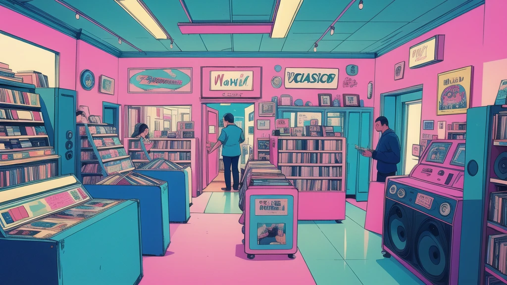 Inside a retro record store, The store name is Latin Music, The pastel colors of blue and pink create a nostalgic atmosphere.. Vintage VHS-style distortion gives your scenes a lo-fi appeal. The air is filled with the rich sounds of vinyl records playing classic tunes.. Customers browse the shelves, Discover hidden musical gems, Transforming a record store into a sanctuary of musical bliss