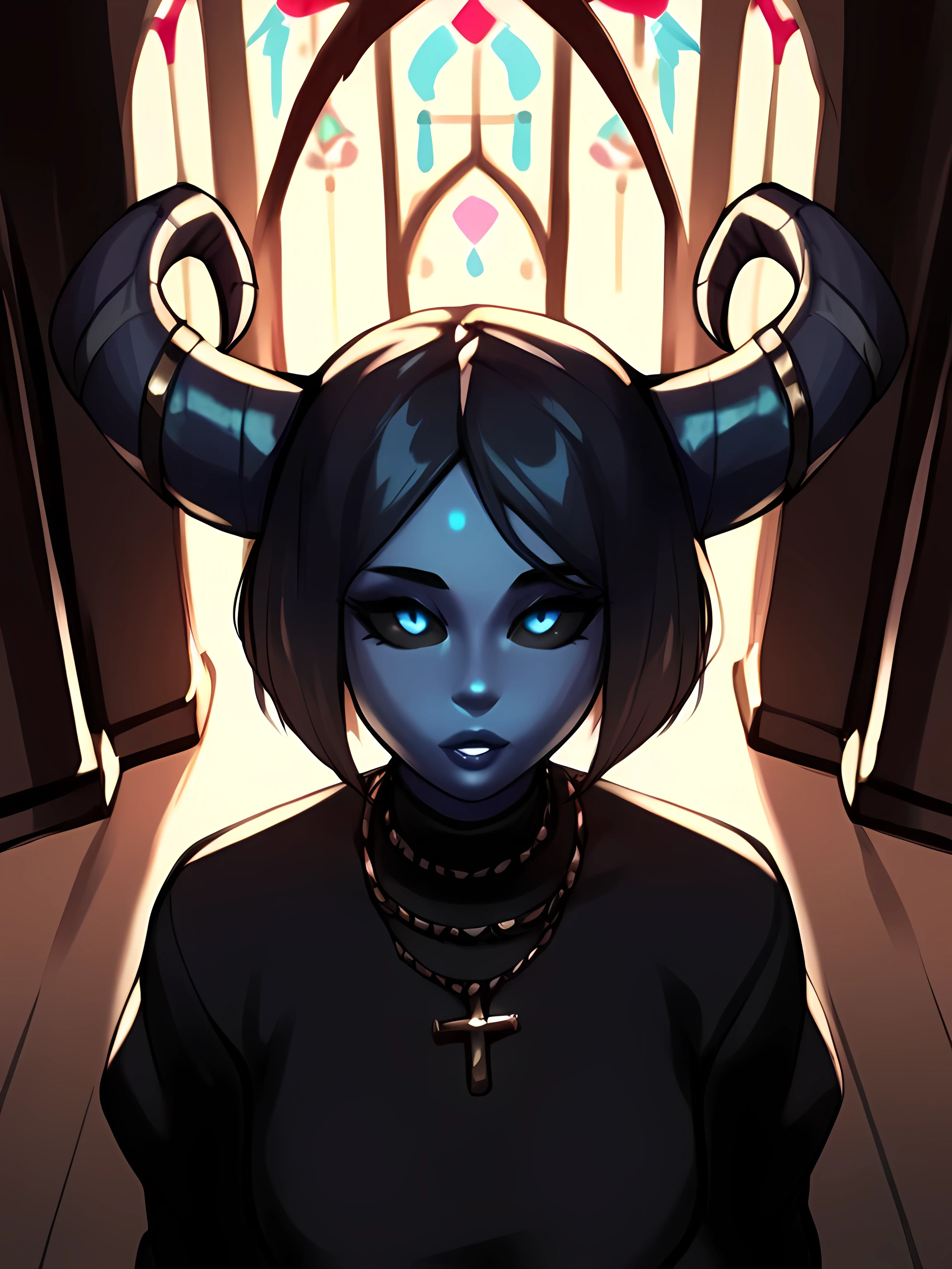 score_9, score_8_above,score_7_above, score_6_above, score_5_above, score_4_above, Demon woman standing in dark gothic church, blue skin, horns, black sclera, bob cut, large curved horn
