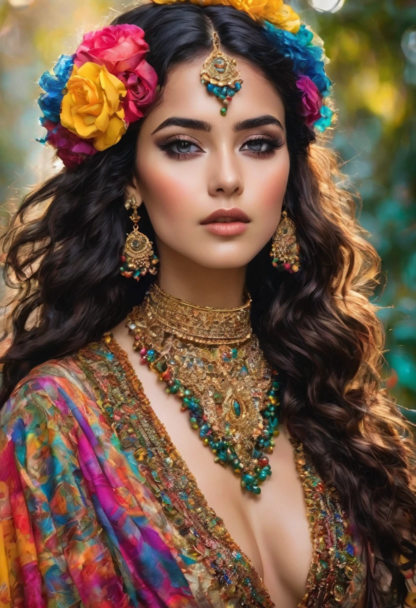 (cigana sulamita )) milhões de rosas amarelas e vermelhas , Ergue-se alto e mostra sua figura perfeita em todos os momentos cobre todo o corpo Vesti-se em uma linda saia rodada longa colorida, blusa bufante cheia de babados ((Cenário floresta )), super bonita, 8K realista , ((cabelos negros)), pele-Morena-Dourada, olhos negros, Corpo muscular ultrarrealista, vesti-se com uma roupa de cigana mágica , com um toque mágico e místico, com cabelo estilo slime , portanto, inspirado em Izzy Medrano, 3D 18K UHD., pulseiras douradas, , brincos dourados ,16k, Elementos: Terra 8K UHD SURREAL. Beautiful stunning woman adorned in ornate, colorful jewelry and clothing that appears to be inspired by"gypsy" style. She has long, dark curly hair with flowers tucked into it. Her makeup emphasizes her eyes, and she's wearing large, dangling earrings and multiple necklaces with colorful beads and pendants. The woman's clothing includes vibrant fabrics with patterns. The overall aesthetic is very bohemian and romantic, evoking a free-spirited, nomadic culture. The lighting in the image is warm, giving it a rich, golden glow that enhances the romantic atmosphere.woman adorned in ornate, colorful jewelry and clothing that appears to be inspired by Romani or "gypsy" style. She has long, dark curly hair with flowers tucked into it. Her makeup emphasizes her eyes, and she's wearing large, dangling earrings and multiple necklaces with colorful beads and pendants. The woman's clothing includes vibrant fabrics with patterns. The overall aesthetic is very bohemian and romantic, evoking a free-spirited, cigana culture. The lighting in the image is warm, giving it a rich, golden glow that enhances the romantic atmosphere UHD 18K.