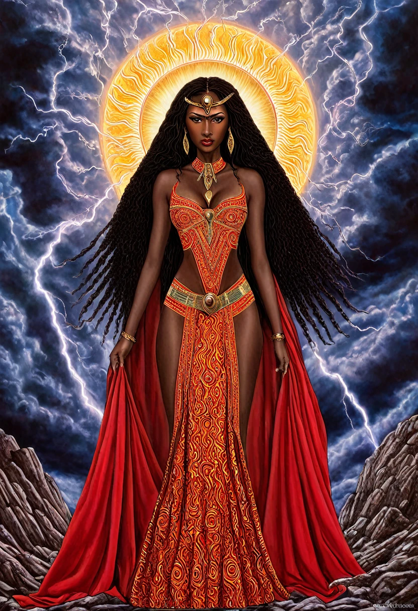 a hyper realistic painting of a woman (Nigerian) with a sword and a red cape, dark skin female goddess of love, goddess dos Ventos, goddess das Tempestaes, goddess of lightning, ((Orixã Iansã in person) with all its splendor),por Mati Klarwein, extremely detailed goddess shot, goddess. extreme hight detail, inspired por Mati Klarwein, goddess of lightning, Egyptian god storm, ilm, a stunning portrait of a goddess, as the goddess of the sun, goddess art, Die Klarwein e Moebius