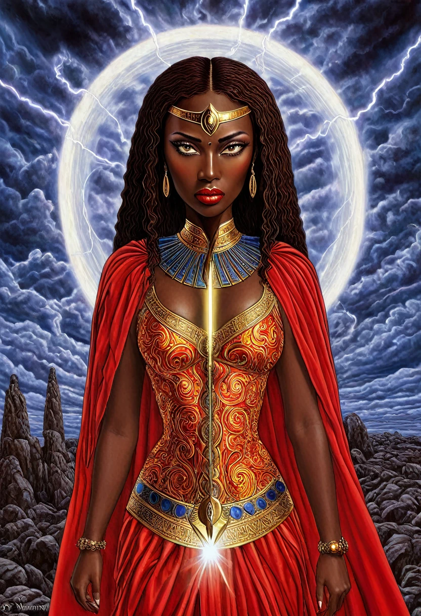 a hyper realistic painting of a woman (Nigerian) with a sword and a red cape, dark skin female goddess of love, goddess dos Ventos, goddess das Tempestaes, goddess of lightning, ((Orixã Iansã in person) with all its splendor),por Mati Klarwein, extremely detailed goddess shot, goddess. extreme hight detail, inspired por Mati Klarwein, goddess of lightning, Egyptian god storm, ilm, a stunning portrait of a goddess, as the goddess of the sun, goddess art, Die Klarwein e Moebius