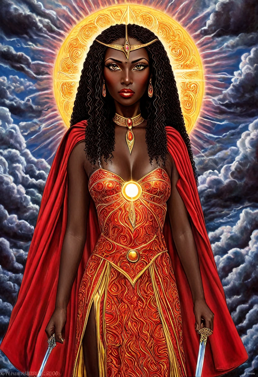 a hyper realistic painting of a woman (Nigerian) with a sword and a red cape, dark skin female goddess of love, goddess dos Ventos, goddess das Tempestaes, goddess of lightning, ((Orixã Iansã in person) with all its splendor),por Mati Klarwein, extremely detailed goddess shot, goddess. extreme hight detail, inspired por Mati Klarwein, goddess of lightning, Egyptian god storm, ilm, a stunning portrait of a goddess, as the goddess of the sun, goddess art, Die Klarwein e Moebius