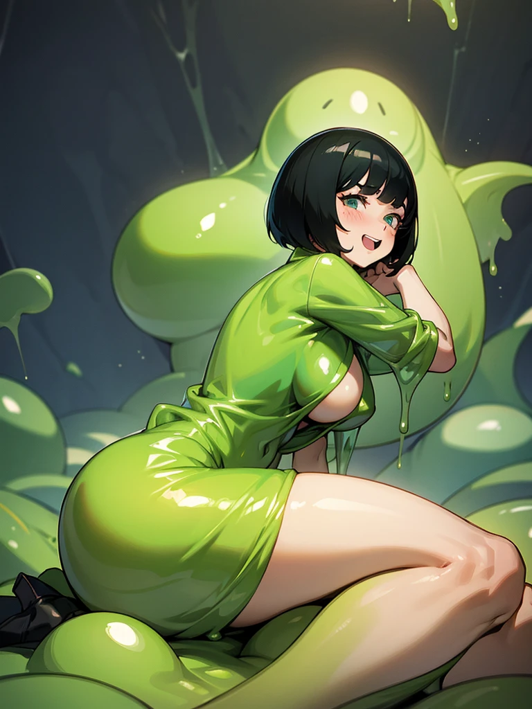 Slime Body　Big Tits　Big Butt　Thick thighs　Leg length　Laughter　Embarrassing　Worried brow　sitting　Black Hair　Bobcut　