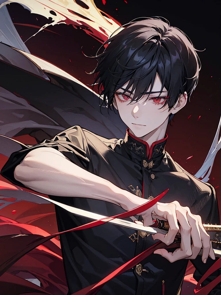 boy, red eyes, black curry hair. sadistic, t shirt. he so arrogant. handsome man. very short hair. like a man. gentleman. like a prince, background in mansion, kind smiling. he is vampire noble. have bangs