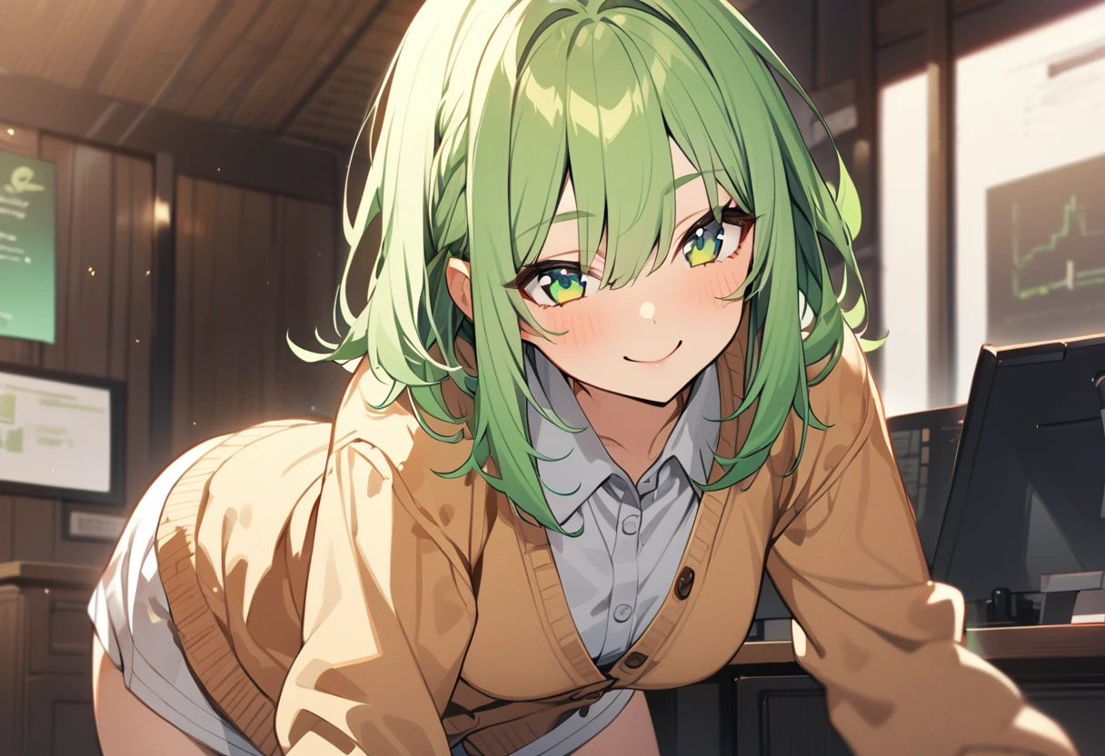 anime, One girl, Green Eyes, Highest quality,  Green Hair, Shortcuts,, cardigan, Leaning forward pose, smile