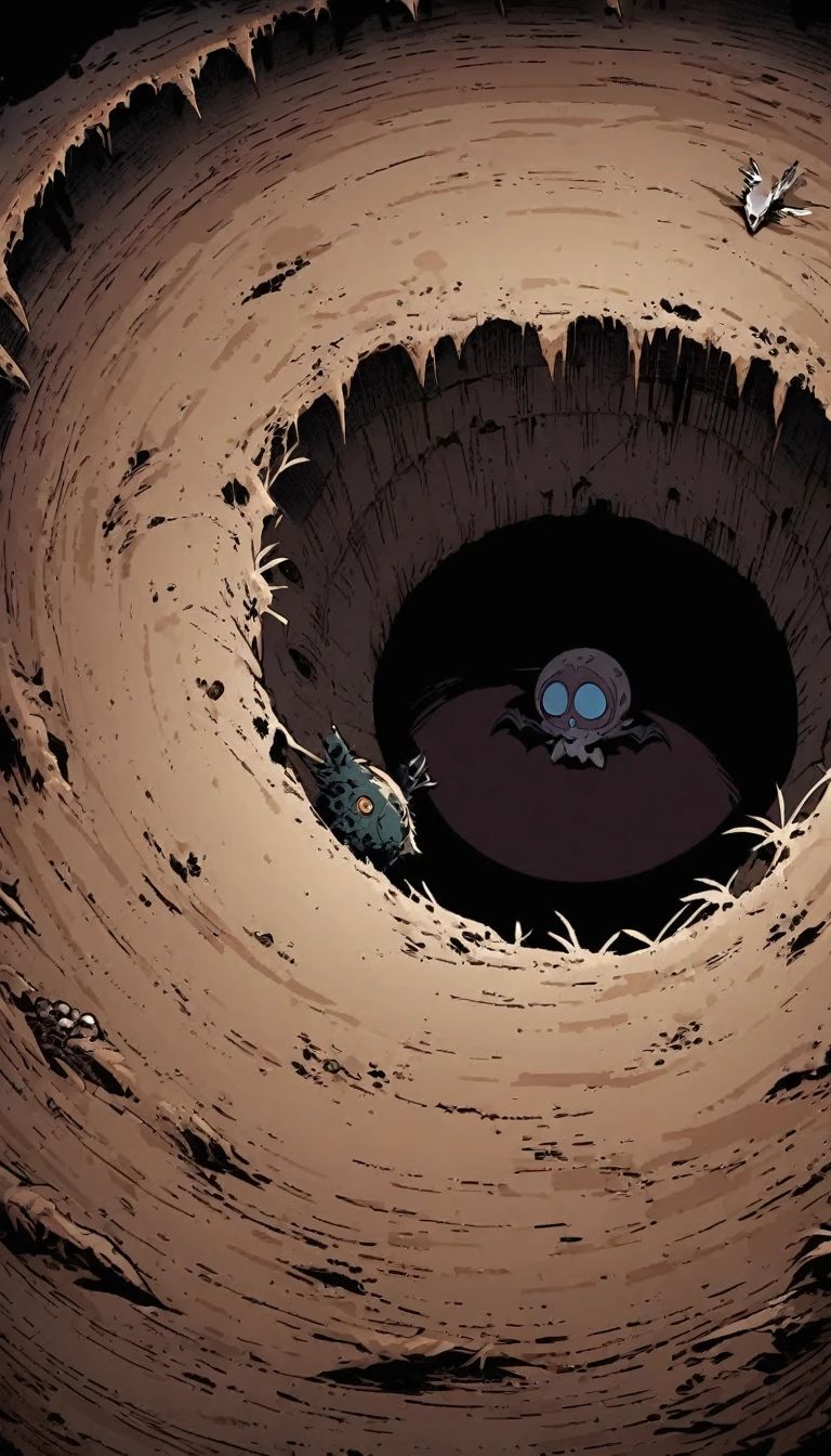 view from above, huge vertical hole that suddenly appears in the middle of empty grassland, the abyss, at the bottom of the pit, there is a monster with its mouth wide open, waiting for prey, mysterious bird flying, girl with mysterious smile sitting on cliff, rusty and broken robots scattered here and there, the birth of death, the death of birth, cute dark horror fantasy