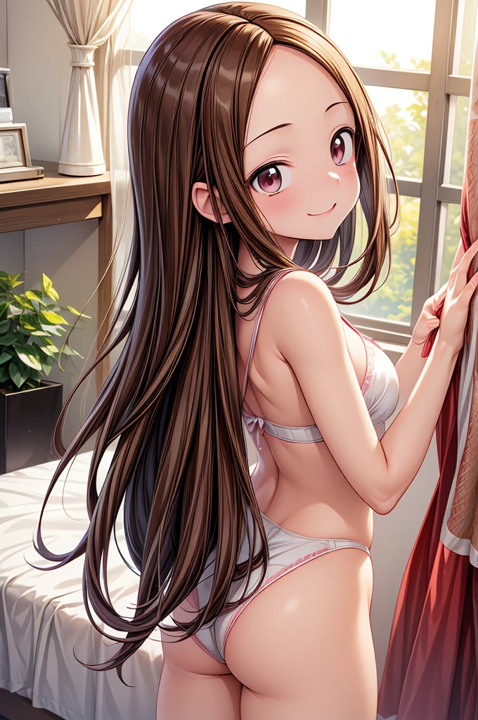 (perfect idol)(ultra detailed)(master quality)(RAW Photos))(8K)(Realistic, photo Realistic:1.2)(ultra detailed anime)(anime style) ((Highest quality)),(Takagi san)(Ms. Takagi who is good at teasing)(gravure)(buck shot1.3)(all forus1.5)(from behind1.4)(hip)(big hip)(bra panty)(close shot)(ultra detailed eyes)(Perfect Anatomy)(Real human skin)(smile)(bedroom)(nsfw)