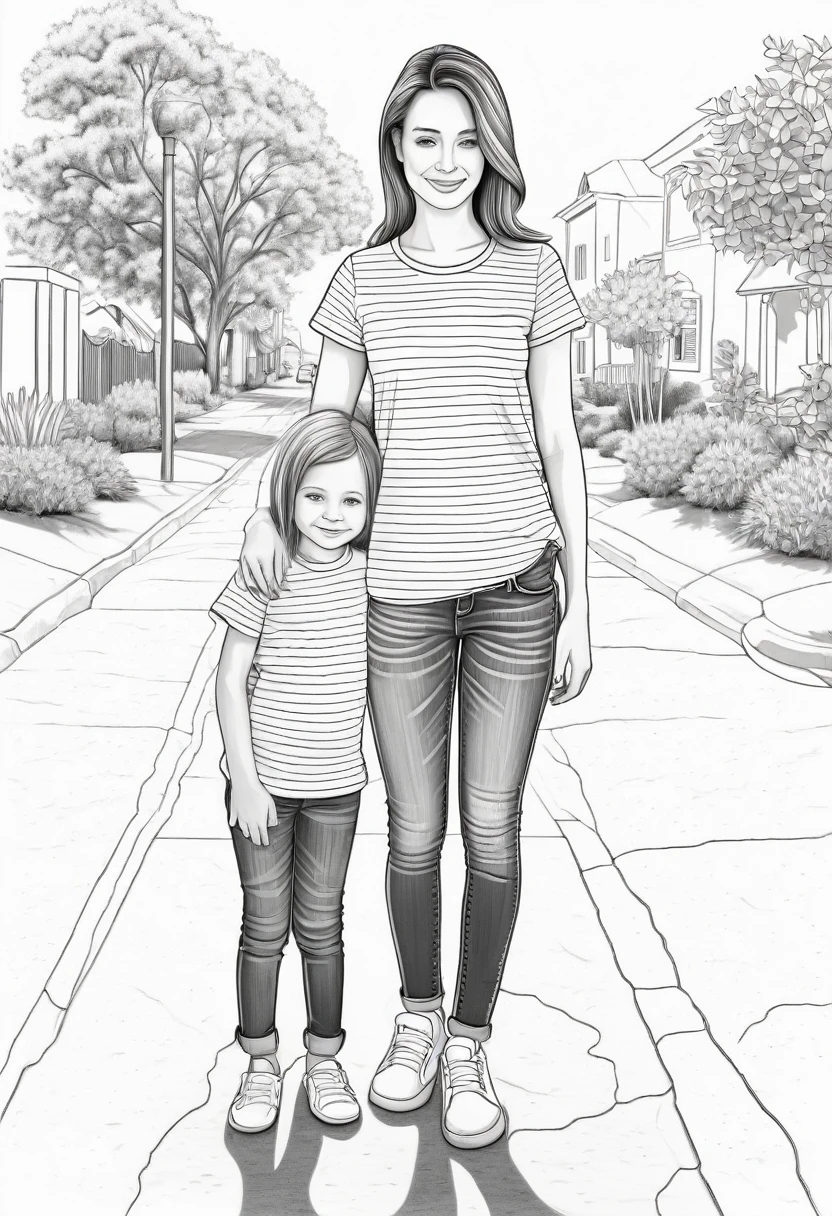 the picture is in the style of a coloring book black and white lines. a is standing on a sidewalk with her mom wearing jeans and a t-shirt, no shadows or shade, 100% white background