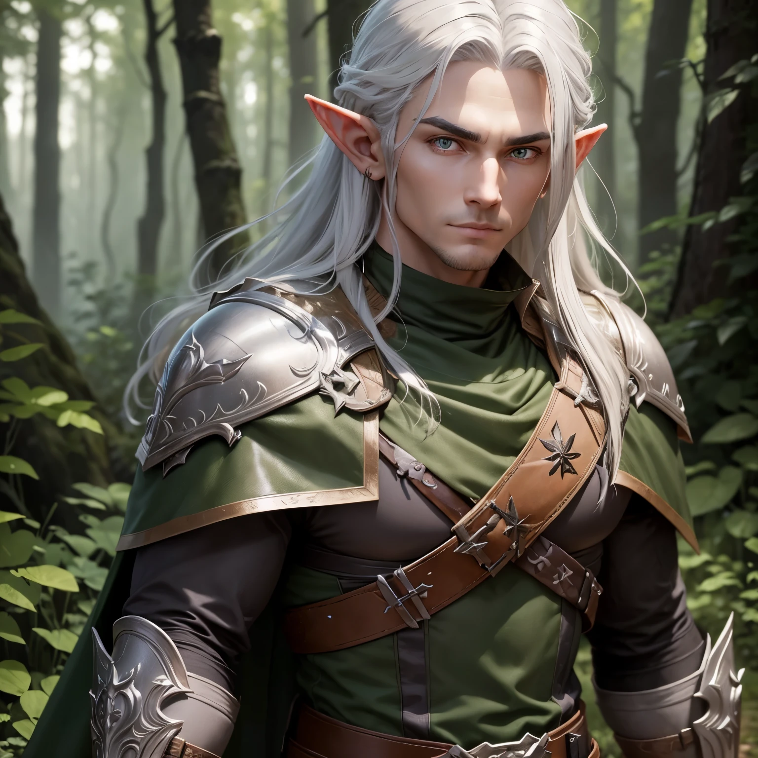 A male Elf Ranger. Born from the forest. Leather armor that blends in with the underbody and cape to become invisible. Long Light Gray Hair with Chunky Design. Super detailed eyes .His gaze would be intense and serious. highly detailed image .ssmile .ready for action at any time.background an enchanted forest.