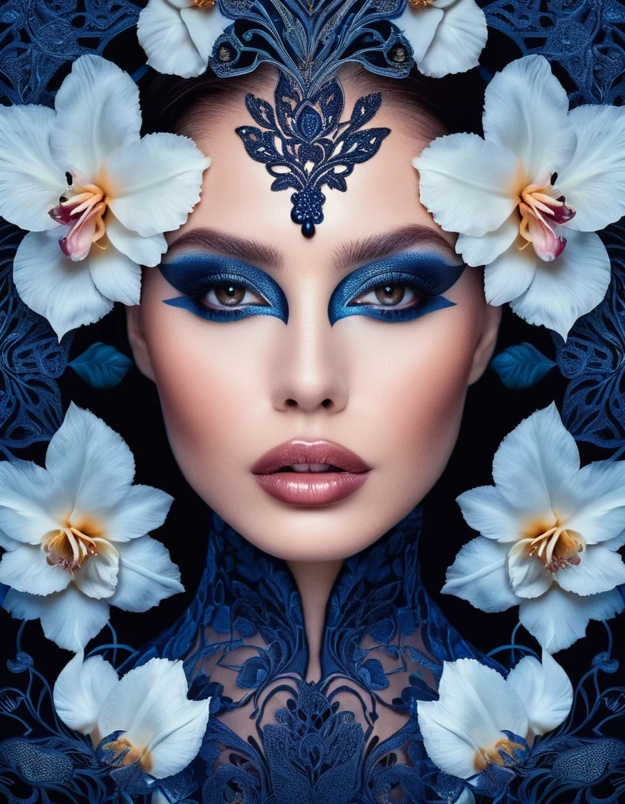 Breathtaking portrait of a woman with smoky eyes and glossy lips., surrounded by intricate floral patterns.