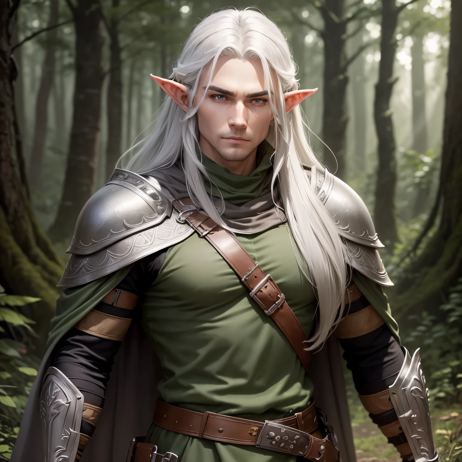 A male Elf Ranger. Born from the forest. Leather armor that blends in with the underbody and cape to become invisible. Long Light Gray Hair with Chunky Design. Super detailed eyes .His gaze would be intense and serious. highly detailed image .ssmile .ready for action at any time.background an enchanted forest.