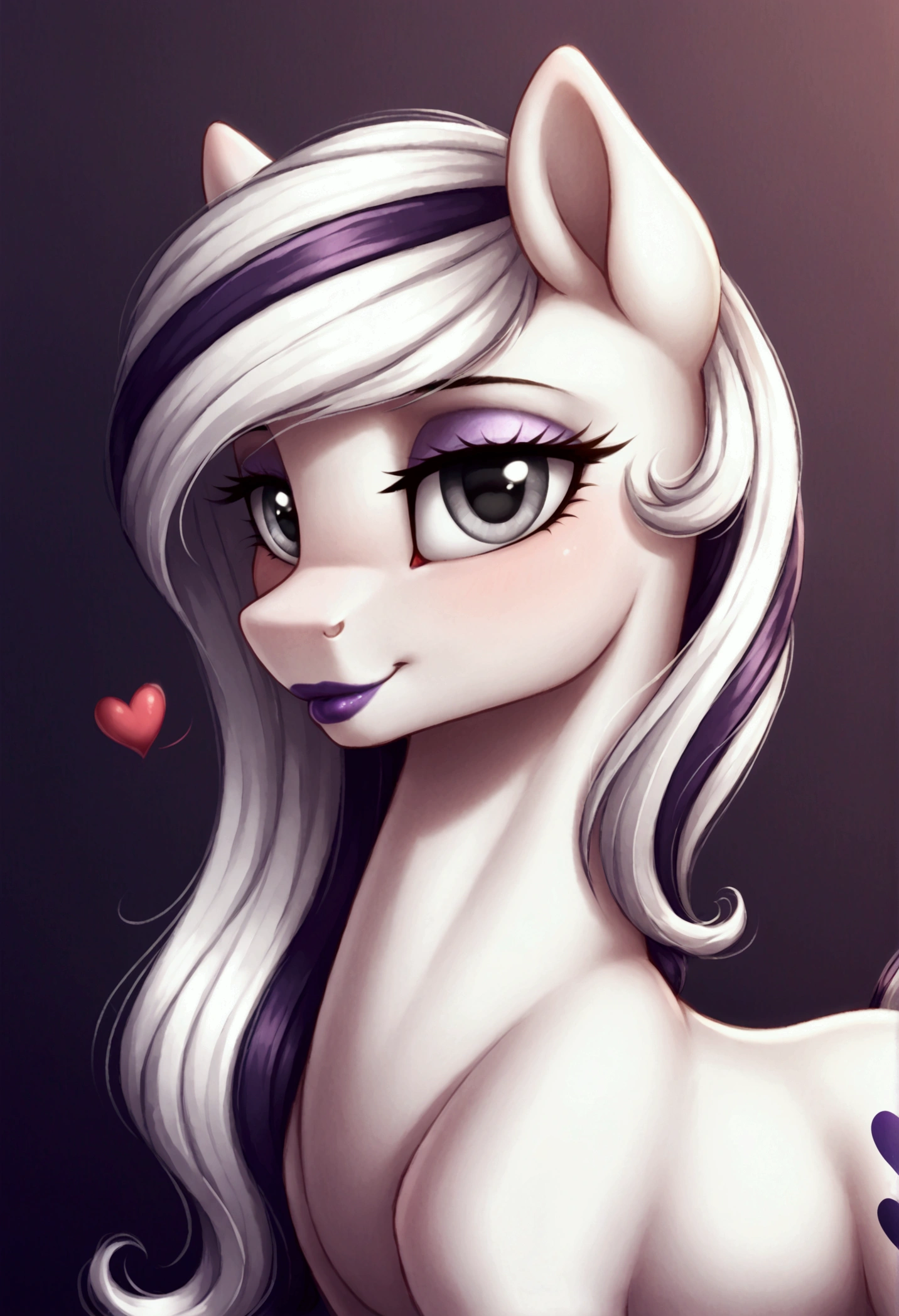 My little pony, (Pony), (black stripe on hair), white hair, (pale white body), gray eyes, medium breasts, purple lips, perfect lines, (((full role play costume))), heart cutie mark