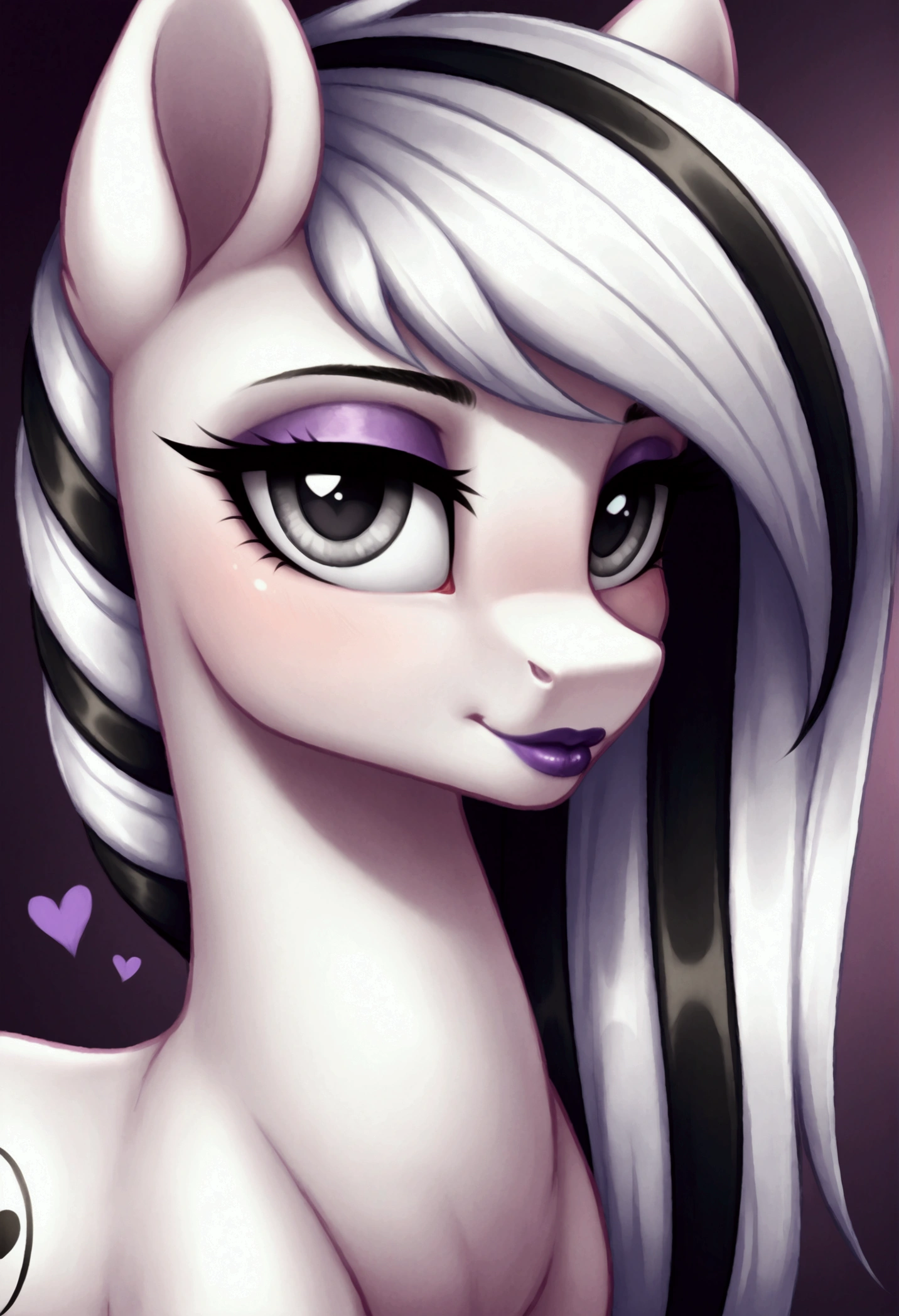 My little pony, (Pony), (black stripe on hair), white hair, (pale white body), gray eyes, medium breasts, purple lips, perfect lines, (((full role play costume))), heart cutie mark