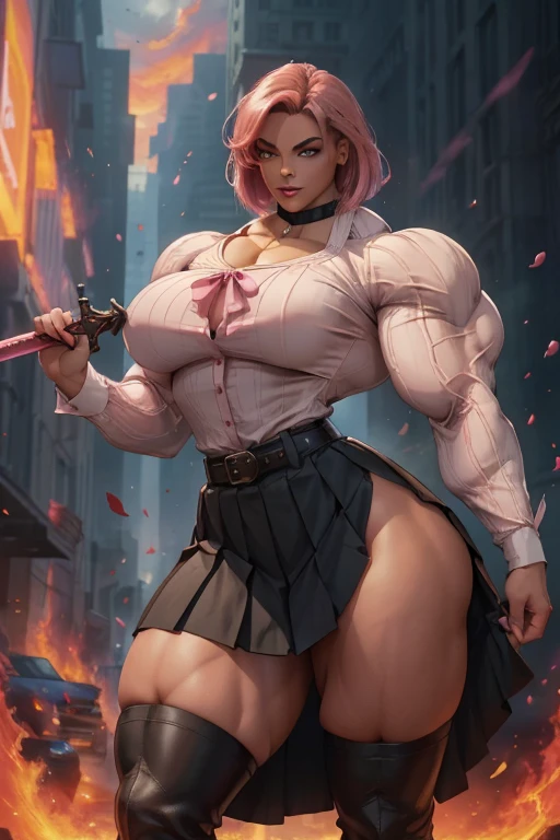 ((Massive tall, beautiful, buff, light brown skinned muscular woman with shocking pink hair, black lipstick, ginormous bulky muscles, carrying a fire sword and wearing a pink long sleeve pleated shirt with beautiful long pleated skirt)), ((close view)), (massive muscles), angled bob cut, red eyes, choker, ((pink long sleeve pleated shirt and tie)), neck tie, ((beautiful long pleated skirt)), belt, thigh high socks, black boots, (in a fire city), closed smile, night, massive muscles
