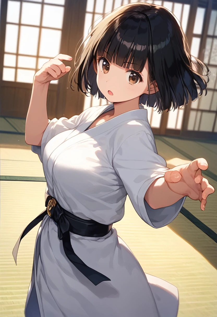 score_9,score_8_up,score_7_up,masterpiece,best quality, source anime, official art, super detailed, extreme detailed, rating_safe,
1girl, fighting pose,
BREAK girl, 22yo, short hair, bob cut, (blunt bangs), black hair, (tareme, detailed cute brown eyes), curled eyelashes, (large breasts:0.9),
shiny hair, beautiful detailed eyes, beautiful face,
white gi, open clothes, black belt,
serious, open mouth,
dojo, tatami,