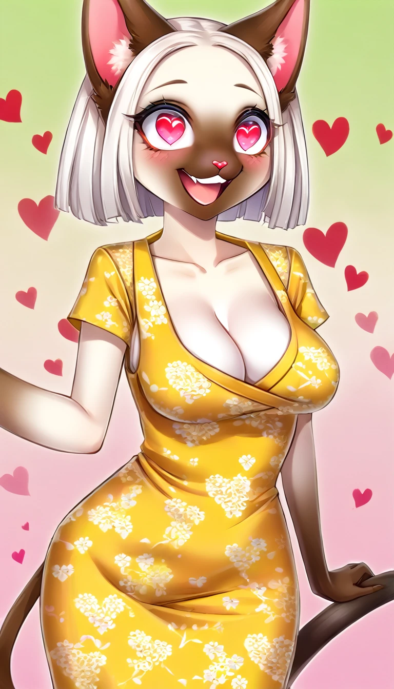 Ultra quality, Stylized 2D style, vivid colors, 1girl, anthro, fur, fluffy, siamese cat, heart shaped red eyes, She Is Wearing A Yellow Japanese Dress, she has medium sized breasts, she has wide hips, Shes is slim and tall, she is very excited, full image body character view.
