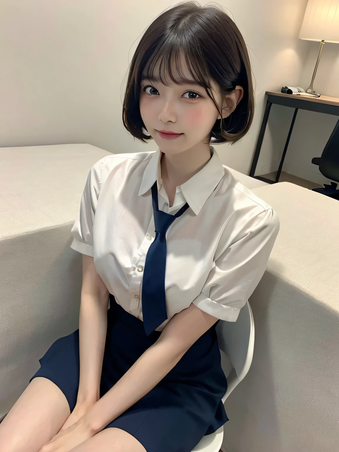 One person、、Full body photo,slender、woman、White drool coming out of the mouth、smile、、、Short Bob Hair、 Fair skinned and super cute、Soft and Face、8k resolution、Surreal、Ultra high definition、 A-cup small breasts（（Highest resolution、8k、masterpiece：1.3））、Ultra-fine face、Ultra Fine Lips、Beautiful Eyes、double eyelid,Pink wall、Navy blue tie、White shirt、Yellow Skirt、Thighs、thin,Thighsが見える、Shapely small breasts、sexy、So cute!,Sitting in a chair、Thighsが見える、