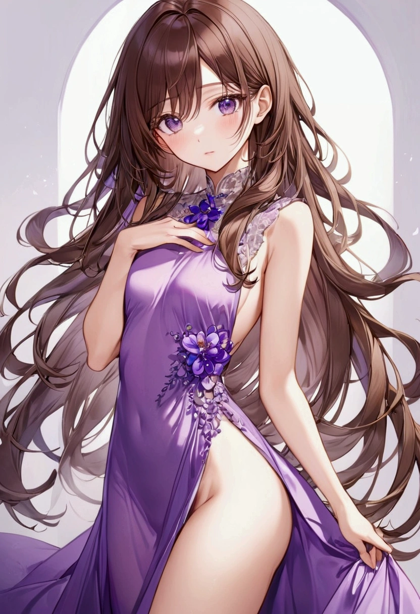 Long brown hair, purple eyes,elegant body, 