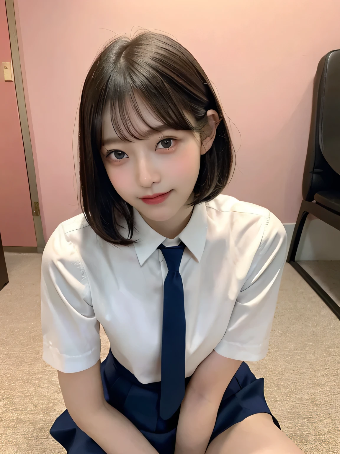One person、11 years old、Full body photo,slender、woman、White drool coming out of the mouth、smile、、、Short Bob Hair、 Fair skinned and super cute、Soft and Face、8k resolution、Surreal、Ultra high definition、 A-cup small breasts((Highest resolution、8k、masterpiece:1.3))、Ultra-fine face、Ultra Fine Lips、Beautiful Eyes、double eyelid,Pink wall、Navy blue tie、White shirt、Yellow Skirt、Thighs、thin,Thighsが見える、Shapely small breasts、sexy、So cute!,Sitting in a chair、Thighsが見える、