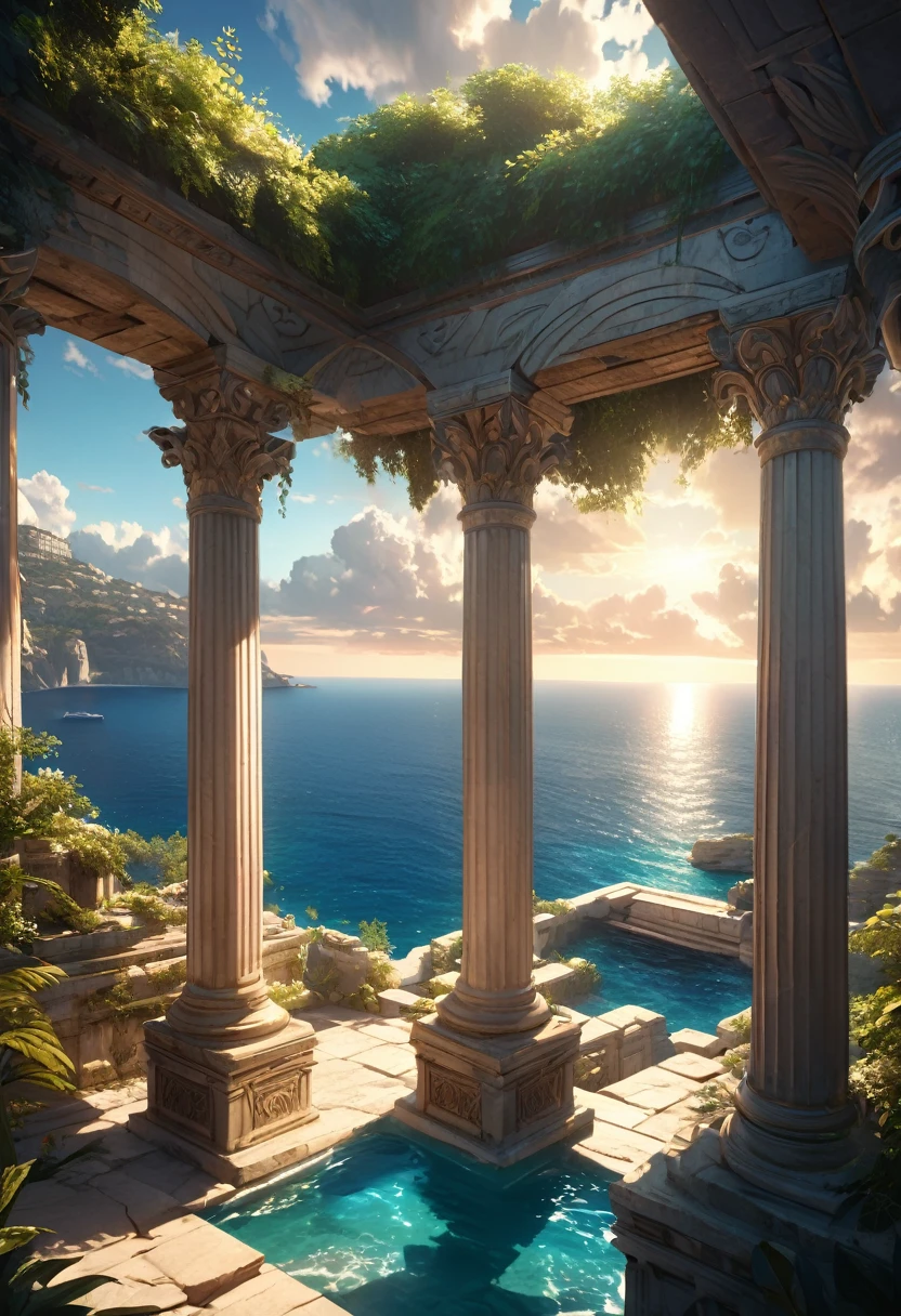 detailed fantasy landscape, ancient greek temple, aegean sea, greek mythology gods, mystical islands, aegean blue sea, soft sunlight, intricate architecture, ornate columns, stone structures, detailed foliage, lush greenery, dramatic sky, fluffy clouds, vibrant colors, photorealistic, 8k, best quality, cinematic lighting, chiaroscuro, epic scale, masterpiece, view from the sky