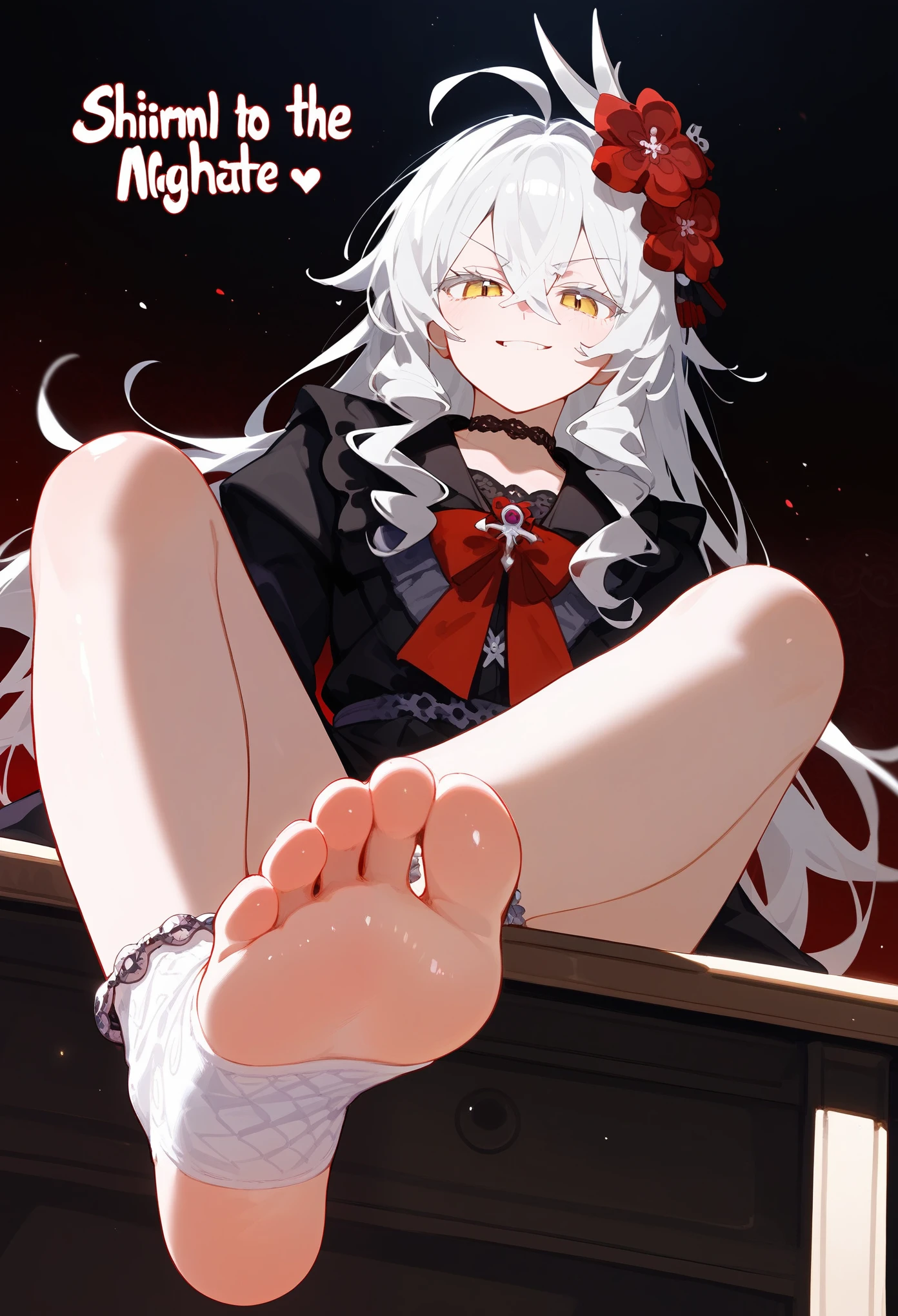 score_9, score_8_up,score_7_up, BREAK, 1boy, solo, white hair, long hair, ahoge, desk,sitting on desk,foot up, soles,foot focus,from below,anklet, ((wearing red ankle socks)), 5toes, smile, vampire, masterpiece, best quality, Cinematic, Fancy effects, 1boy, Intricate details, white hair, long hair, shiny hair, shiny skin, detailed eyes, hd eyes, beautiful eyes, gothic, hair between eyes, layered clothes, yellow eyes, looking at viewer, highly detailed eyes, dramatic lighting, fluffy hair, dark magic background, shadow background, crimson spikes background, happy, smug face, eyelashes, white eyelashes, hair flower, red flowers in hair, collar, kimono, shiny feet, collarbone, manly body