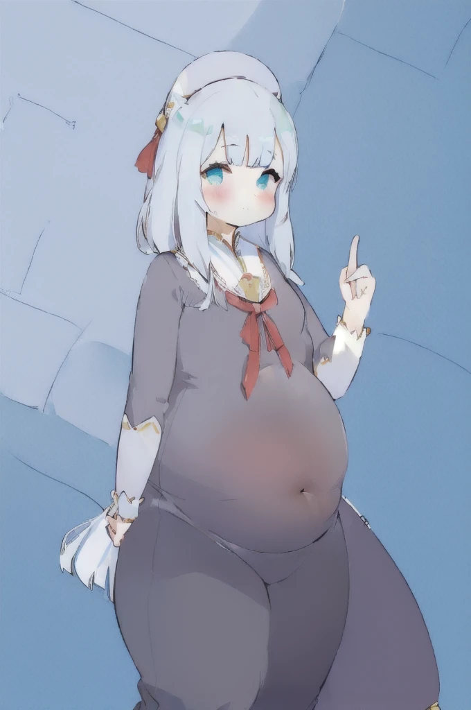 (Belly Fat:1.5),Animation - Drawing women's style, , in a dress, Kantai Collection Style, Animation Moe Artstyle, , A yandere in armor, Created by Animation Painter Studio, Short full-length portrait!, Posing in Pudika pose, Young Anime Girl,(big bust:1.5), (Black eyes with a slight purple tint:1.5), (a devastated expression, dead eyes, dark atmosphere:1.5), (Very white and long hair with a bluish tint, weak perm:1.5), (short white skirt, blue-tinged suit:1.5), (bare foot, round-rimmed glasses:1.5), (Belly Fat, muffin top, plump:1.1), (smiling faintly:1.5),(human ear,thin legs:1.5),