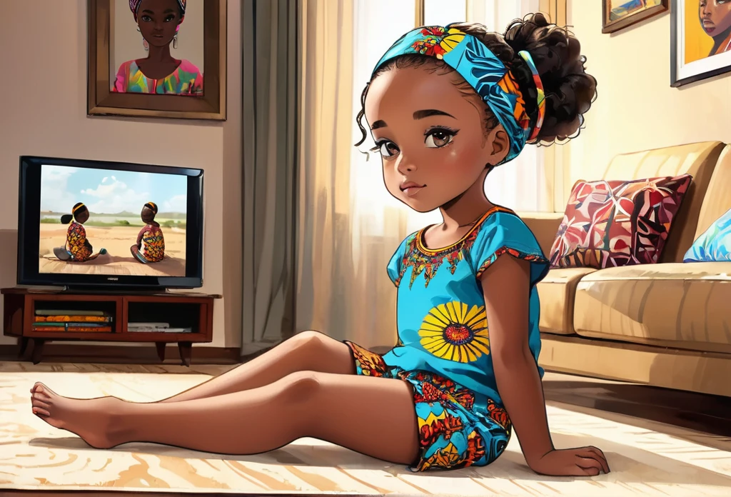 4 years old girl sitting on the floor, wearing a cute Ankara shorts, and shirt, hair band. watching TV, in a nice modern sitting room,
African (masterpiece best quality:1.2) delicate illustration ultra-detailed, illustrations, bright, colourful,