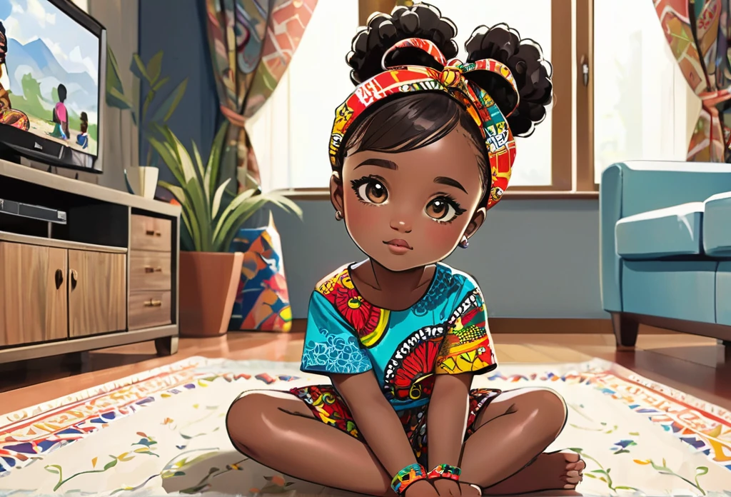 girl sitting on the floor, wearing a cute Ankara shorts, and shirt, hair band. watching TV, in a nice modern sitting room,
African (masterpiece best quality:1.2) delicate illustration ultra-detailed, illustrations, bright, colourful,