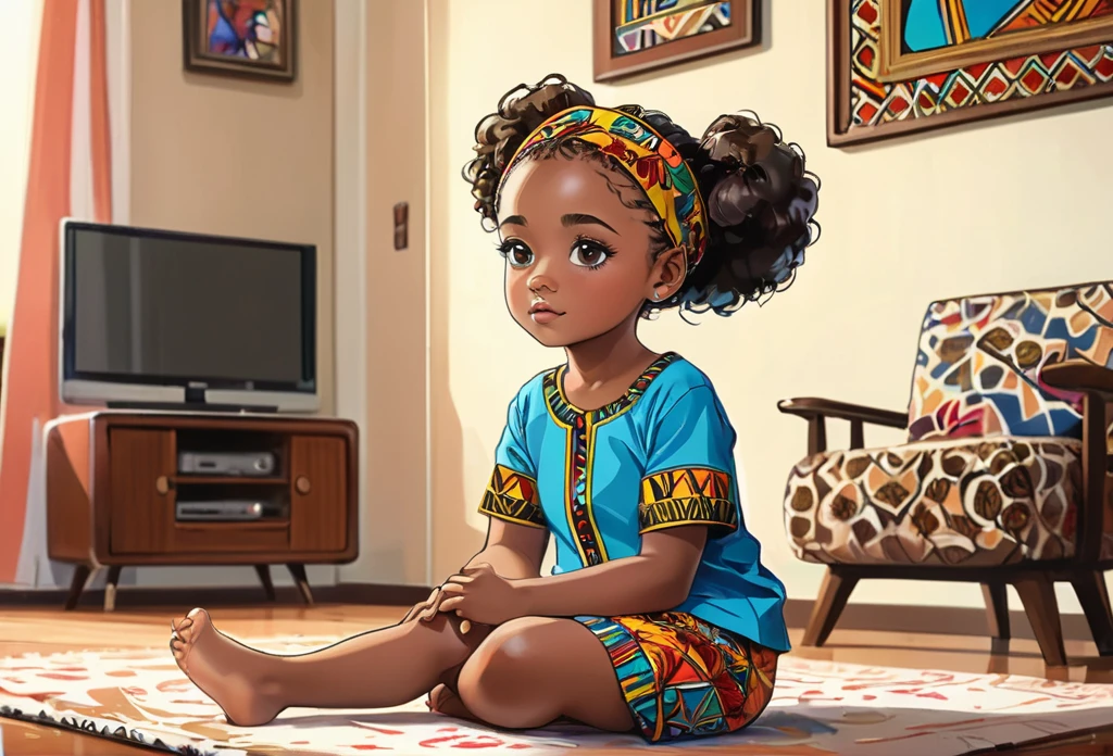   girl sitting on the floor, wearing a cute Ankara shorts, and shirt, hair band. watching TV, in a nice modern sitting room,
African (masterpiece best quality:1.2) delicate illustration ultra-detailed, illustrations, bright, colourful, 