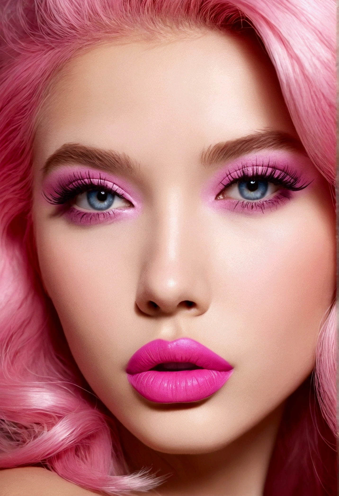 I want a picture of a girl with the most beautiful lips in the world, pink, fluffy, delicious, and big