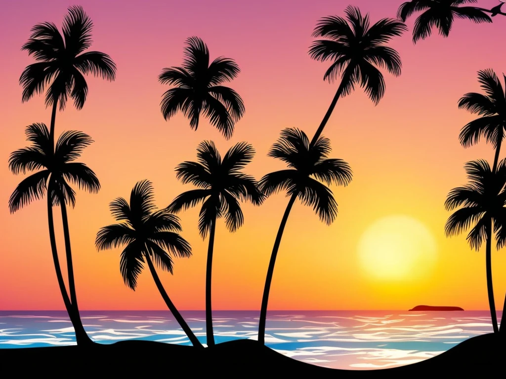 silhouette of palm trees at sunset vector, beach sunset background, which shows a beach at sunset, tropical background, beach background, tropical beach, sunset background, palm trees on the beach, tropical landscape, a abstract tropical landscape, tropical climate, tropical climate, beach landscape, sunset illustration, coconut trees, island background, long beach background, palm trees, on a tropical beach, tropical palm trees, palm trees