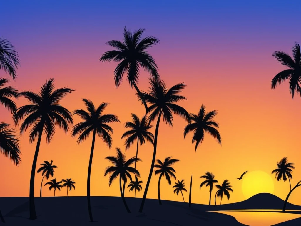 silhouette of palm trees at sunset vector, beach sunset background, which shows a beach at sunset, tropical background, beach background, tropical beach, sunset background, palm trees on the beach, tropical landscape, a abstract tropical landscape, tropical climate, tropical climate, beach landscape, sunset illustration, coconut trees, island background, long beach background, palm trees, on a tropical beach, tropical palm trees, palm trees