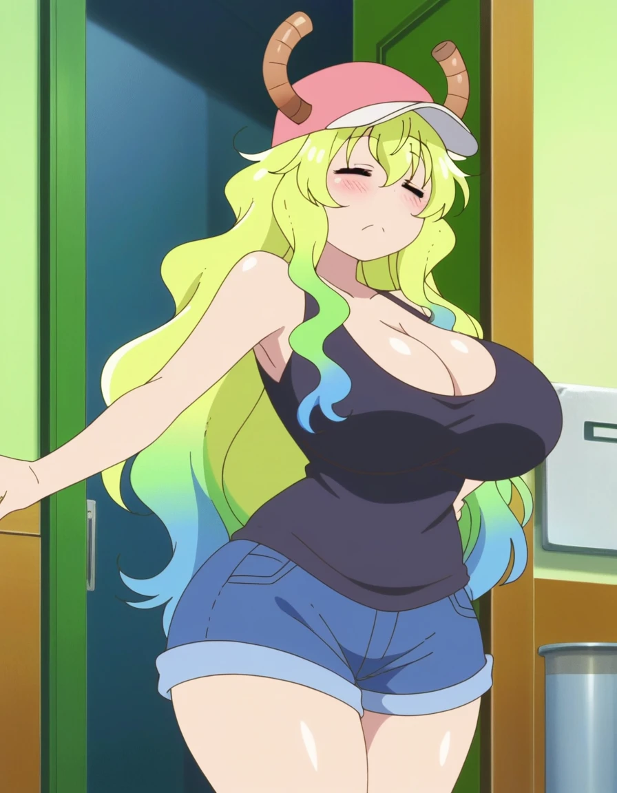 score_9, score_8_up, score_7_up, source_anime,masterpiece,best quality,highres,absurdres,official art,official style,source_anime,anime screencap,anime coloring,megami magazine,anime,animated,explicit,
shiny skin,large breasts,lucoa (maidragon), multicolored hair, blonde hair, green hair, gradient hair,dragon girl, horns through headwear,baseball cap, large breasts, huge butt, cleavage, tank top, closed eyes,