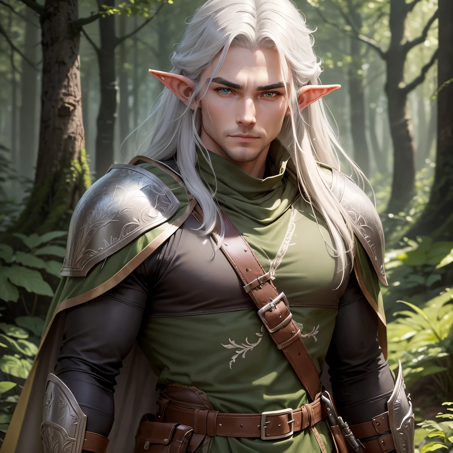 A male Elf Ranger. Born from the forest. Leather armor that blends in with the underbody and cape to become invisible. Long Light Gray Hair with Chunky Design. Super detailed eyes .His gaze would be intense and serious. highly detailed image .ssmile .ready for action at any time.background an enchanted forest.