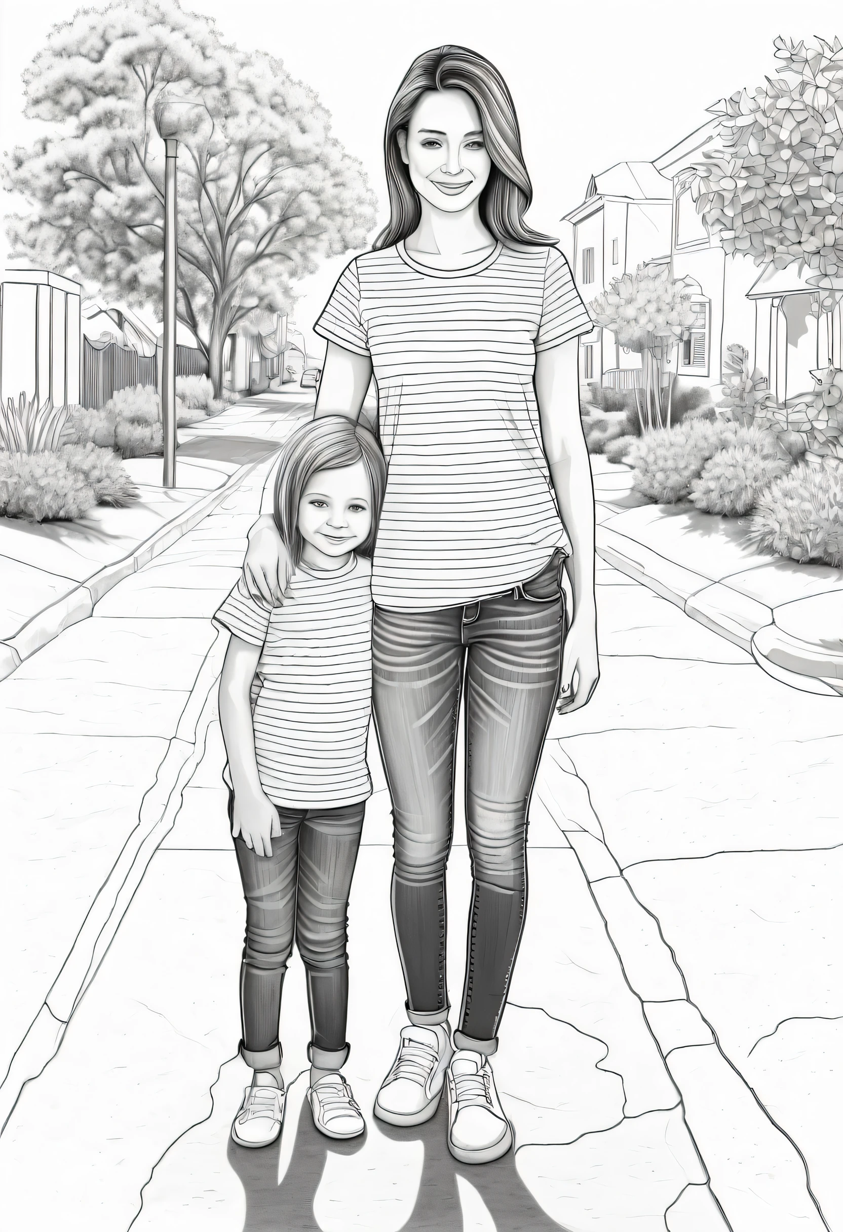 the picture is in the style of a coloring book black and white lines. a is standing on a sidewalk with her mom wearing jeans and a t-shirt, no shadows or shade, 100% white background