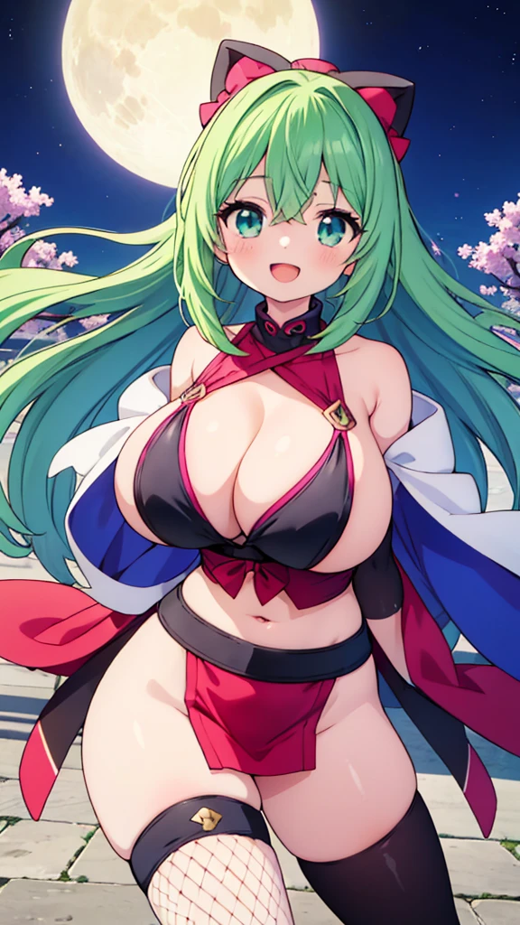 ((A Pretty ninja girl with green hair and blue eyes)), ((wearing a black ninja costume)), fishnet, Baby face, ((master piece, top-quality, ultra-definition, high resolution)), anime girl, ((ultra-detailed illust:1.2)), only one person, bangs, hair between eye, beautiful hair, Shiny eyes, ((Super gigantic breasts:1.3)), cleavage of the breast, belly button, thighs, Big smile, opened mouth, enjoying, outdoor, night, moon, cherry trees