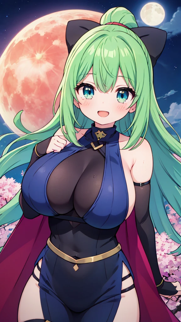 ((A Pretty ninja girl with green hair and blue eyes)), ((wearing a black ninja costume)), fishnet, Baby face, ((master piece, top-quality, ultra-definition, high resolution)), anime girl, ((ultra-detailed illust:1.2)), only one person, bangs, hair between eye, beautiful hair, Shiny eyes, ((Super gigantic breasts:1.3)), cleavage of the breast, belly button, thighs, Big smile, opened mouth, enjoying, outdoor, night, moon, cherry trees