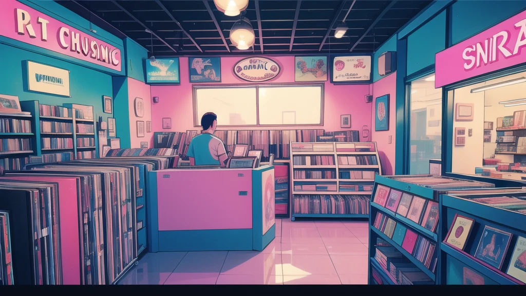 Inside a retro record store, The store name is Latin Music, Latin American cities , The pastel colors of blue and pink create a nostalgic atmosphere.. Vintage VHS-style distortion gives your scenes a lo-fi appeal. The air is filled with the rich sounds of vinyl records playing classic tunes.. Customers browse the shelves, Discover hidden musical gems, Transforming a record store into a sanctuary of musical bliss