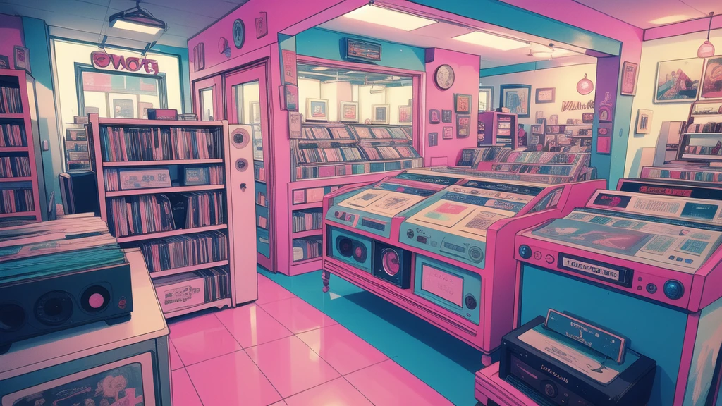 Inside a retro record store, The store name is Latin Music, Latin American cities , The pastel colors of blue and pink create a nostalgic atmosphere.. Vintage VHS-style distortion gives your scenes a lo-fi appeal. The air is filled with the rich sounds of vinyl records playing classic tunes.. Customers browse the shelves, Discover hidden musical gems, Transforming a record store into a sanctuary of musical bliss