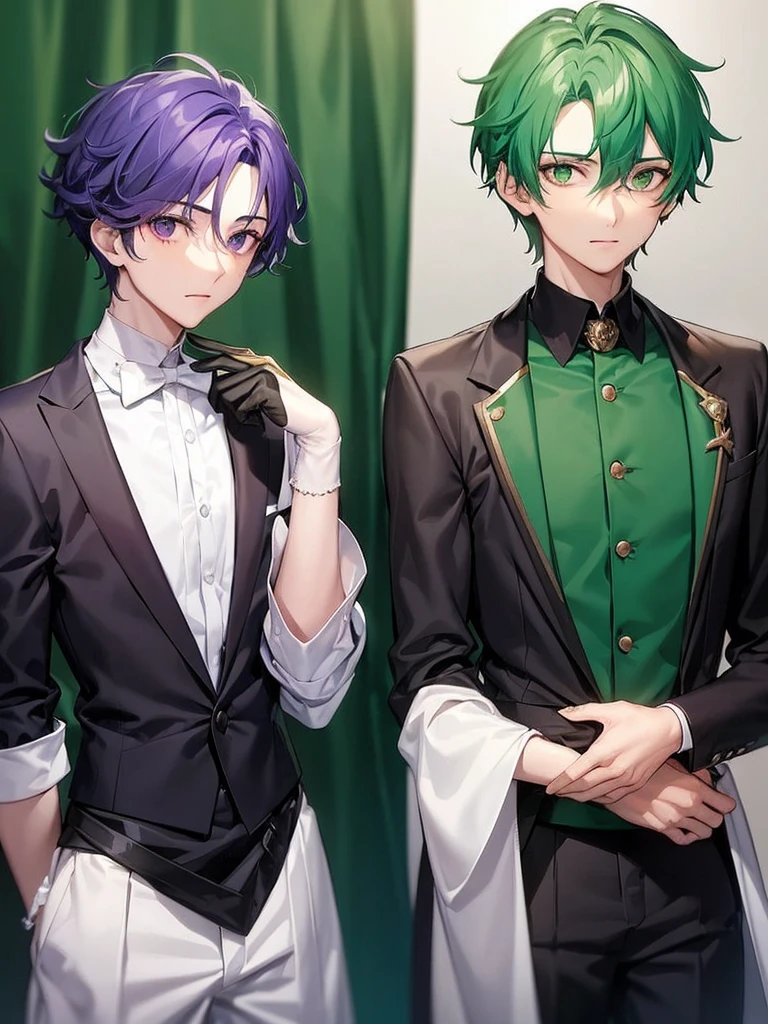 There are two elegant boys, the first boy has green hair and black and dark green clothes. The second boy has purple hair with white clothes..