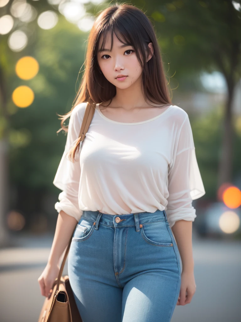 (Sumilux f1.4 50mm , low Latitude old color negative film , cross process , bokeh, flare, chromatic aberration , soft focus, (Shallow focus) , soft glow , Maximum aperture, High Key , Transparent depiction) , clothed erotica , Satyr woman, butter face, juicy melons , sloppy T-shirt , Jeans , cross-body handbag