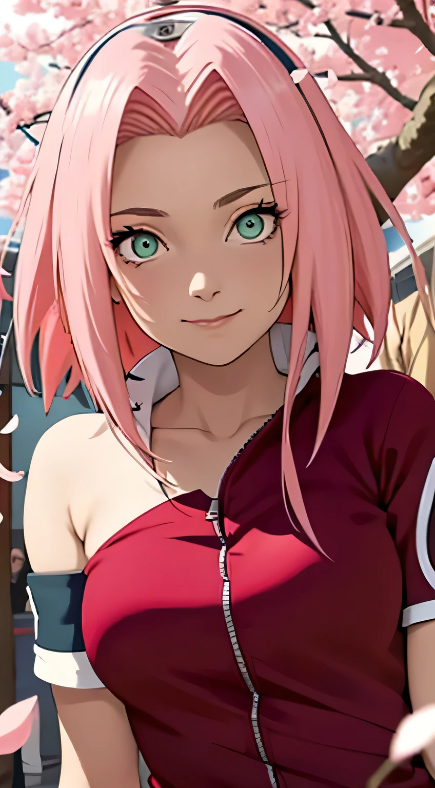 tmasterpiece, Best quality, 1个Giant Breast Girl, sakura haruno, Large breasts,Off-the-shoulder attire,(Chopping),(Close-up of the upper body),Raised sexy,Very shy,ssmile,with pink hair, Long gray hair, (Green eyeballs:1.4), Forehead protection, cherry tree,Cherry blossoms flying,Red clothes,Zipper half
