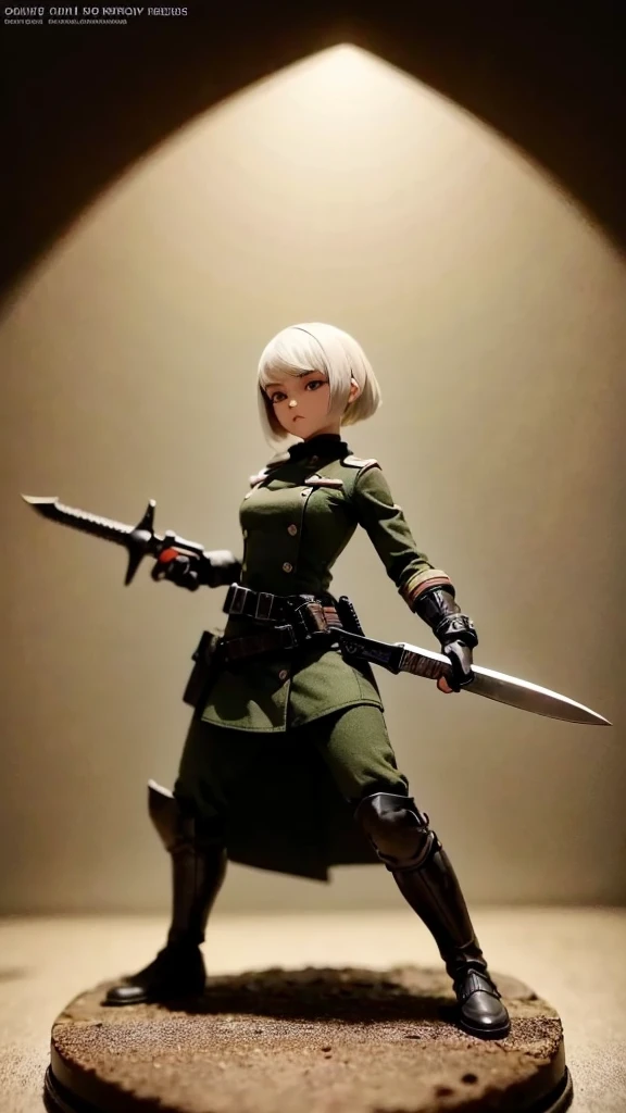Masterpiece, Tabletop Figures, Highest quality, 4K, The face is precise(((must))), concept art, best shot, Holding a beautifully decorated long sword, A brave pose, head to toe((must)), A photo taken from a low angle of a gray haired Russian girl in her early 20s, Wearing jet black protector, cutting edge protective gear, The background is a battlefield diorama, Ilya Kuvshinov's style