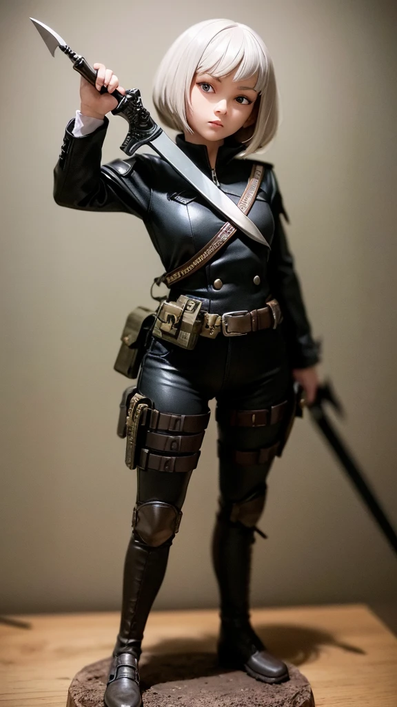Masterpiece, Tabletop Figures, Highest quality, 4K, The face is precise(((must))), concept art, best shot, Holding a beautifully decorated long sword, A brave pose, head to toe((must)), A photo taken from a low angle of a gray haired Russian girl in her early 20s, Wearing jet black protector, cutting edge protective gear, The background is a battlefield diorama, Ilya Kuvshinov's style