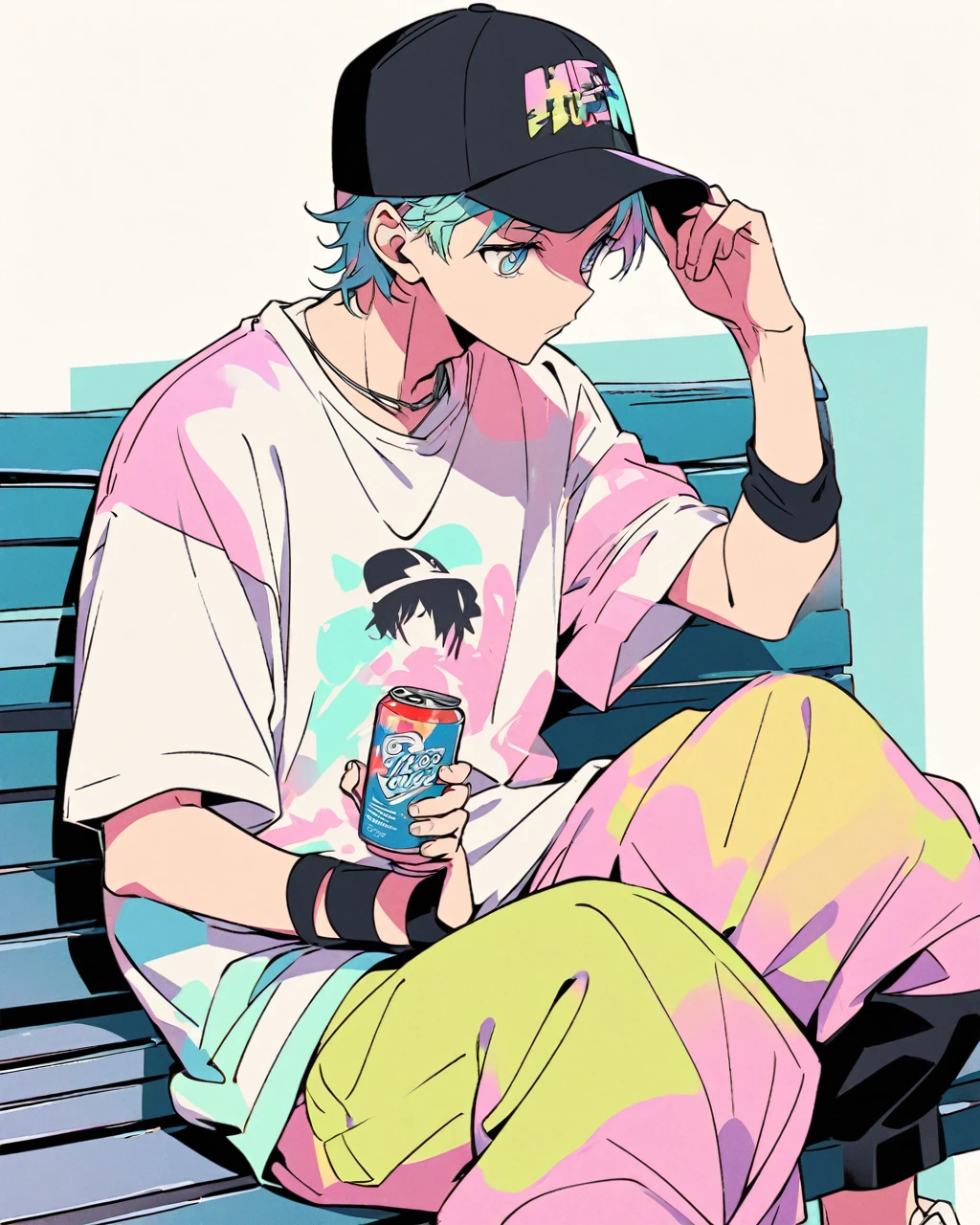 Create a detailed anime illustration of a boy with short, hair and a casual streetwear outfit, including a baseball cap, baggy pants, and a graphic t-shirt. He is seated on a bench, holding a mobile can, with a serene expression. Use a two-tone pastel background to highlight the modern and minimalist setting.