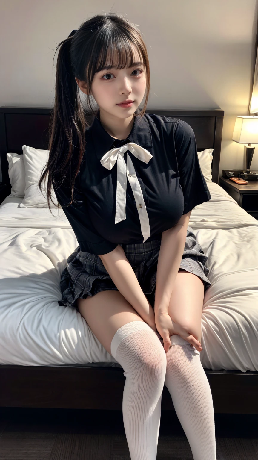 (8K, RAW Photos, Highest quality, masterpiece:1.2), (professional photography, full colors, studio-caliber color grading), (Gravure quality for high-end fashion magazines), BREAK,18 year old girl, (fluffy ponytail:1.2), Big Natural Color Lip, Plumpy body, (smooth skin:1.1), huge breasts, BREAK, (collared shirt:1.1), pleated skirt, knee high socks, BREAK, hotel room, cute , ta