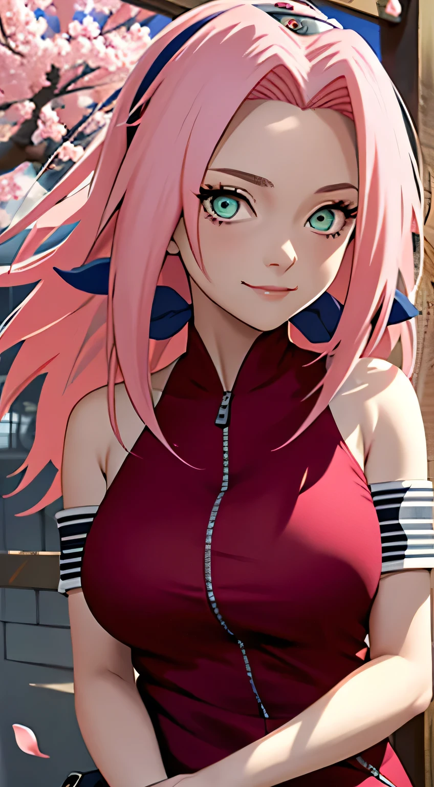 tmasterpiece, Best quality, 1个Giant Breast Girl, sakura haruno, Large breasts,Off-the-shoulder attire,(Chopping),(Close-up of the upper body),Raised sexy,Very shy,ssmile,with pink hair, Long gray hair, (Green eyeballs:1.4), Forehead protection, cherry tree,Cherry blossoms flying,Red clothes,Zipper half