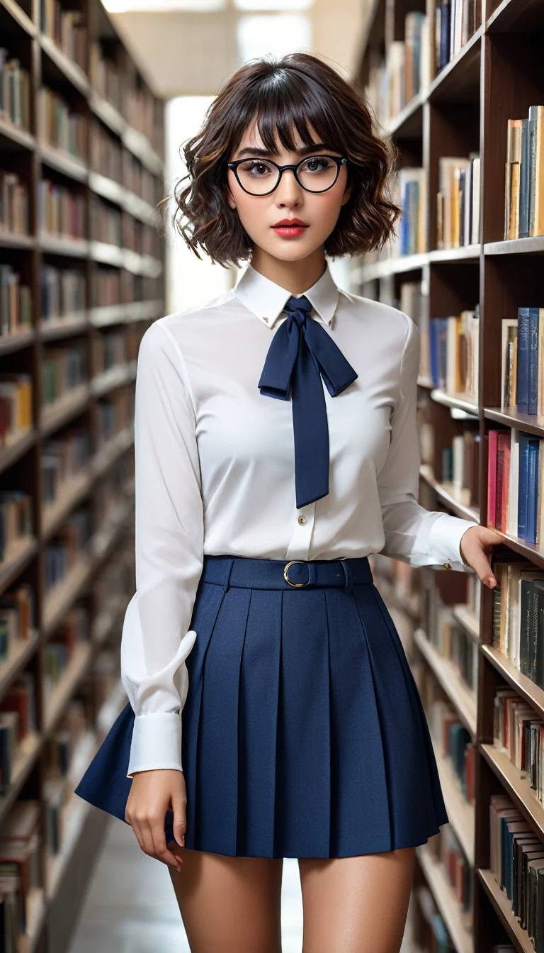 (((beautiful beautiful Isabela Merced, posing for shipmentss, looking sexy, ruffled lips, Short curly hair in different colors, extremely pretty eyes))), ((wearing floral silver necklace)), realistic shipmentsgraph, highy detailed, Foco do pointed, (Main lighting), (indoor bookstore environment), work of art, extremely pretty, Perfect beauty, (perfect shape body, Broad Hips, small waist, thick-thighs, firm abs, Body cute, knees, knees, focus on the knees, breasts small), short hair of different colors with bangs, short hair with bangs of different colors cobrindo a testa, short hair with bangs of different colors ((((short hair of different colors with bangs cobrindo a testa)))), ((30 years old)), (extremely detaild 8k wallpaper), ((face detailed)), (((wearing open white shirt, microsaia curta de tweed, knees, knees, Very Short Skirt)), (long dark eyelashes), (looking at the camera), (((neckleace))), (glamor model), (seductive facial expression) (((standing between high shelves full of books))), extremely detaild, work of art, details Intricate, highy detailed, Foco do pointed, skin detailed, realistic skin texture, texture, detailedeyes, high resolution, Cores Kodak Vision, shipments_\(ultra\), Post-processing, Maximum details, roughness, real-life, ultra realistic, shipmentsrealism, shipmentsgraphy, absurderes, RAW shipments, highest quallity, high detail RAW color shipments, professional shipments, extremely detaild UHD 8k wallpaper unit, best qualityer, high resolution, (work of art, maximum quality, high resolution:1.4), shipments, cinematic, film grain, pointed, soft natural light, magic shipmentsgraphy, super verbose, ((all-body: legs 1.7)), librarian glasses, nerd glasses, ((pleated miniskirt: miniskirt 1.6)), unbuttoned blouse with neckleace, へそ, へそ, neckleace, (Head to knee, all-body: knees 1.3)